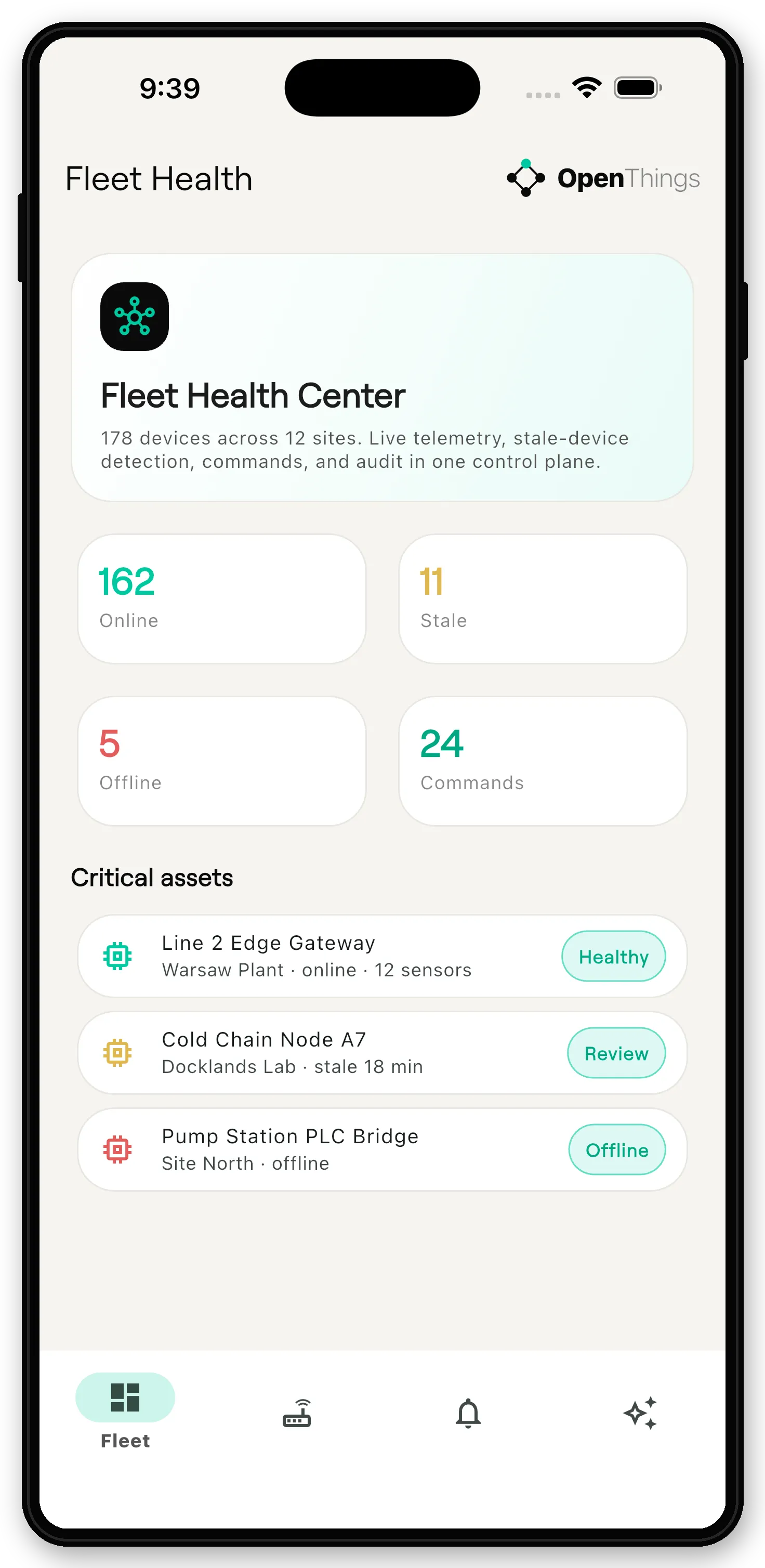 OpenThings mobile app: fleet list with device status